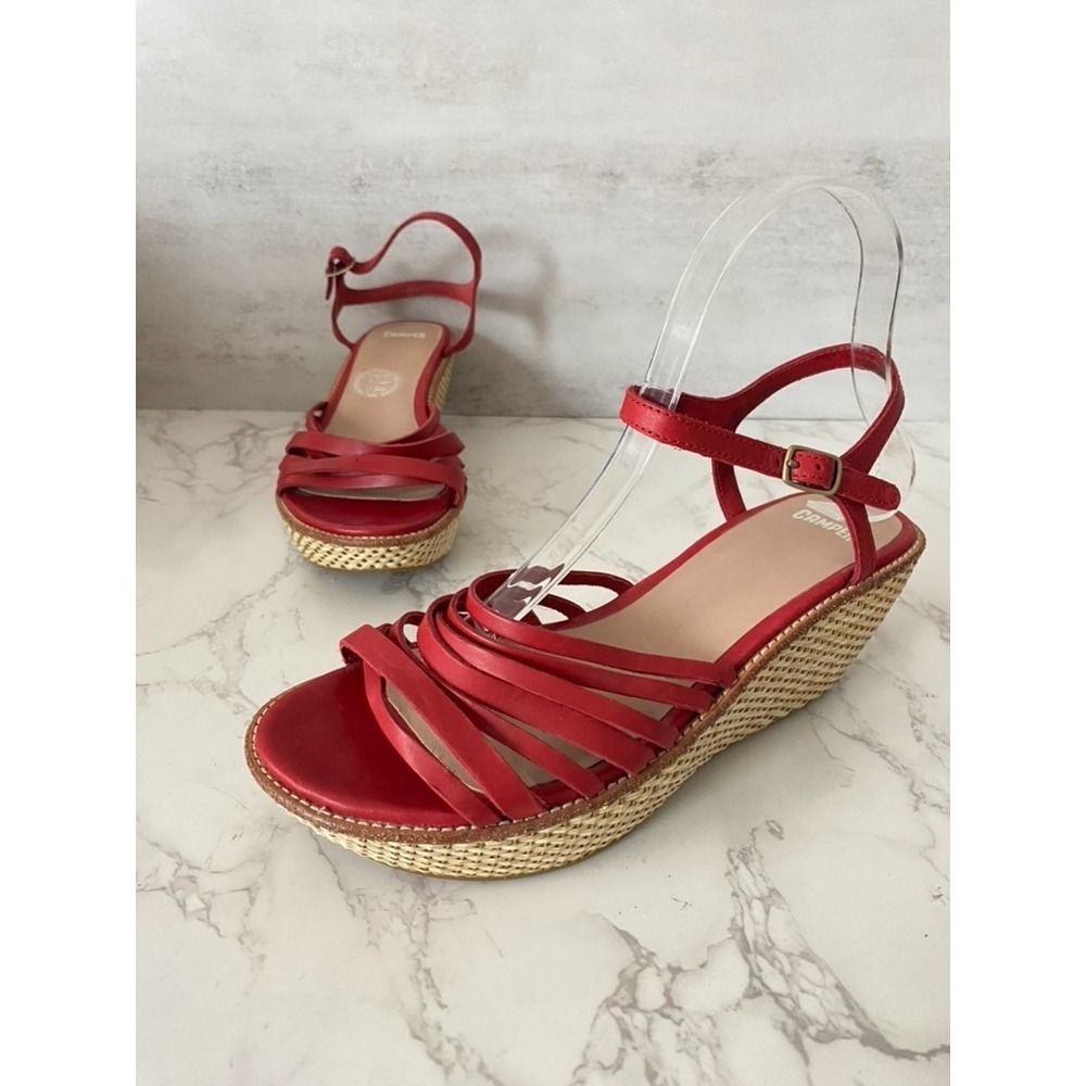 Camper Strappy Sandals Sz 38 (US 8) Red Wedge Open Toe Mediterranean Resort